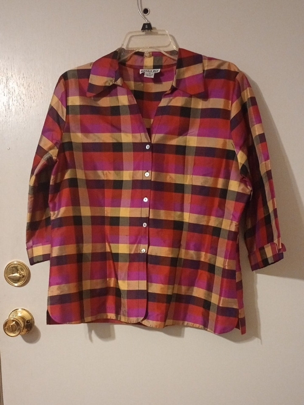 Robbie Bee Multicolor Plaid Silk Button-Up — Pink, Yellow & Black